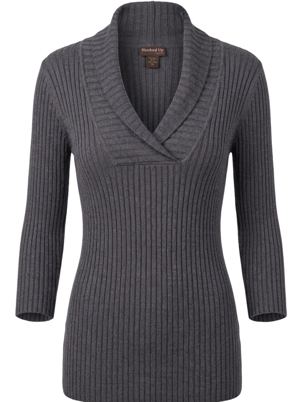 Hooked Up by IOT Women's Ribbed Shawl Collar Turtleneck Sweater - Charcoal Gray